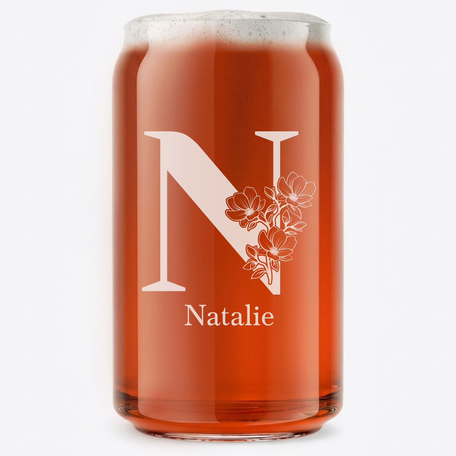 Personalized 1 Letter Floral Themed Monogram Beer Can Custom Engraved 16 oz Beer Can Glass