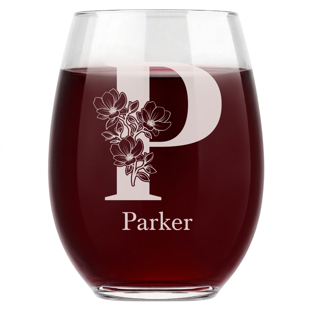 Personalized 1 Letter Floral Themed Monogram Wine Glass Custom Engraved 15 oz Stemless Wine Glass