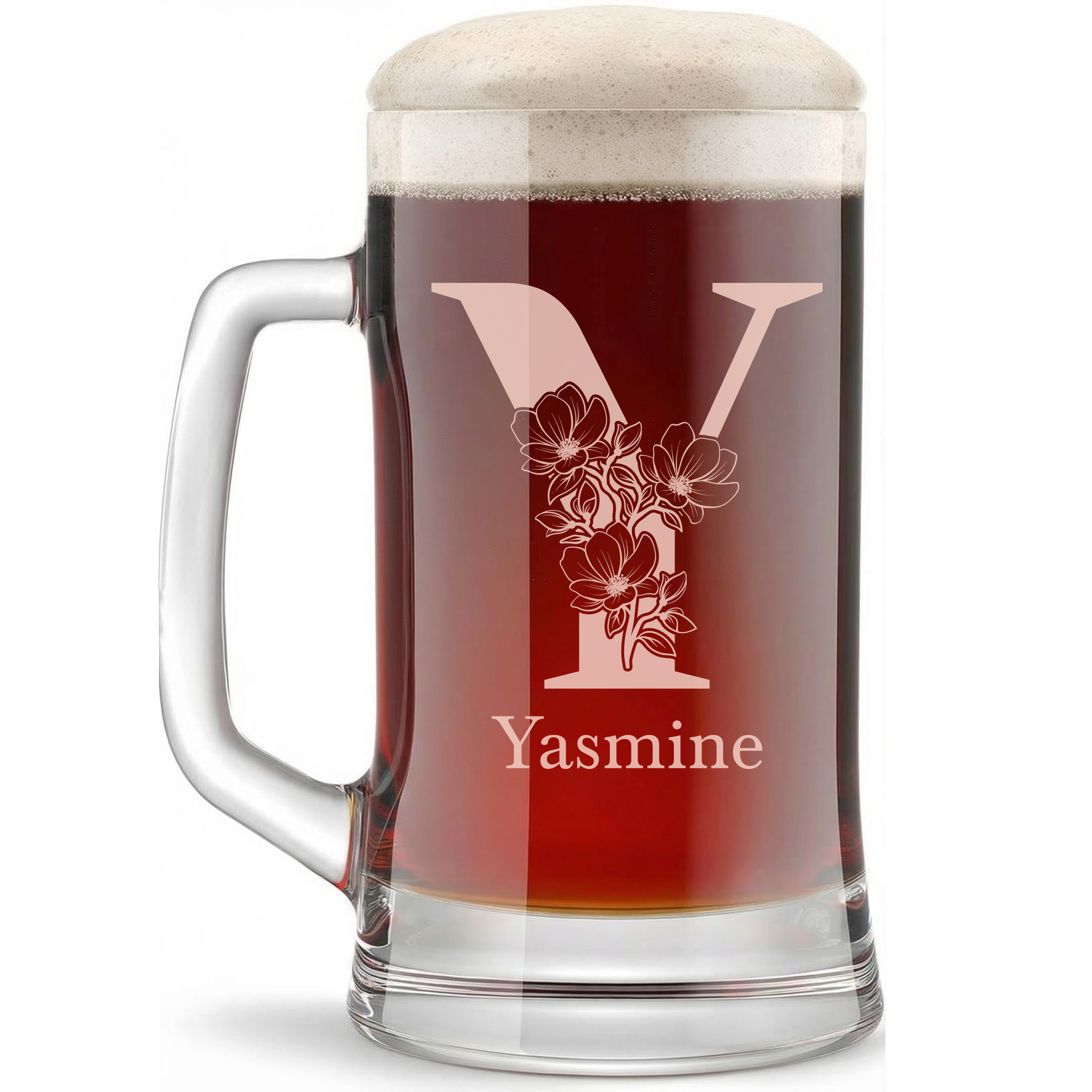 Personalized 1 Letter Floral Themed Monogram Beer Mug Custom Engraved 16 oz Glass Beer Mug
