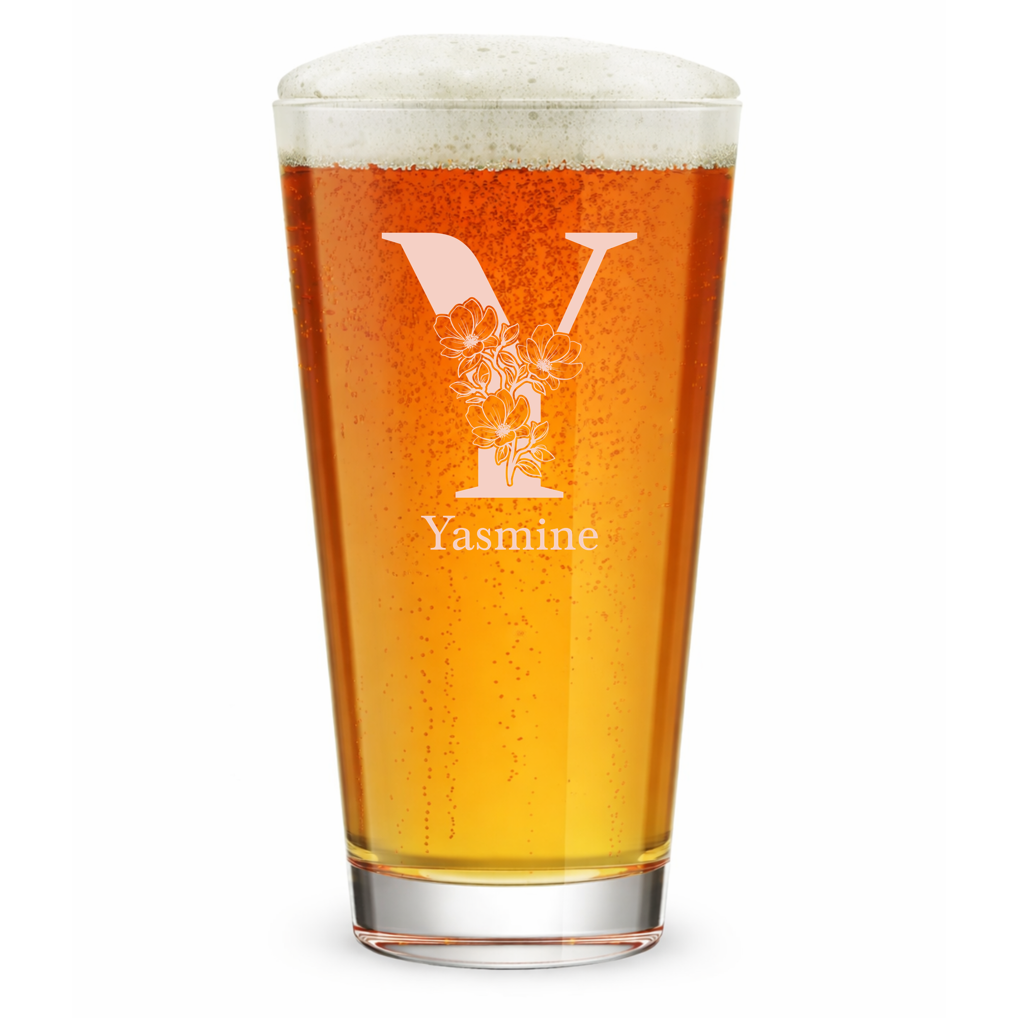 Personalized 1 Letter Floral Themed Monogram Pint Glass Custom Engraved 16 oz Tall Pint Glass