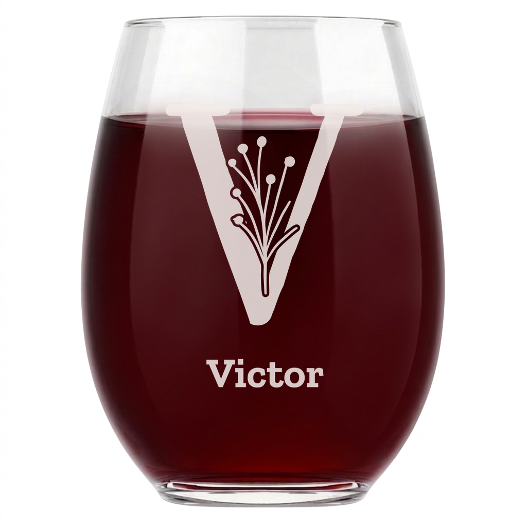 Personalized 1 Letter Floral Themed Monogram Wine Glass Custom Engraved 15 oz Stemless Wine Glass