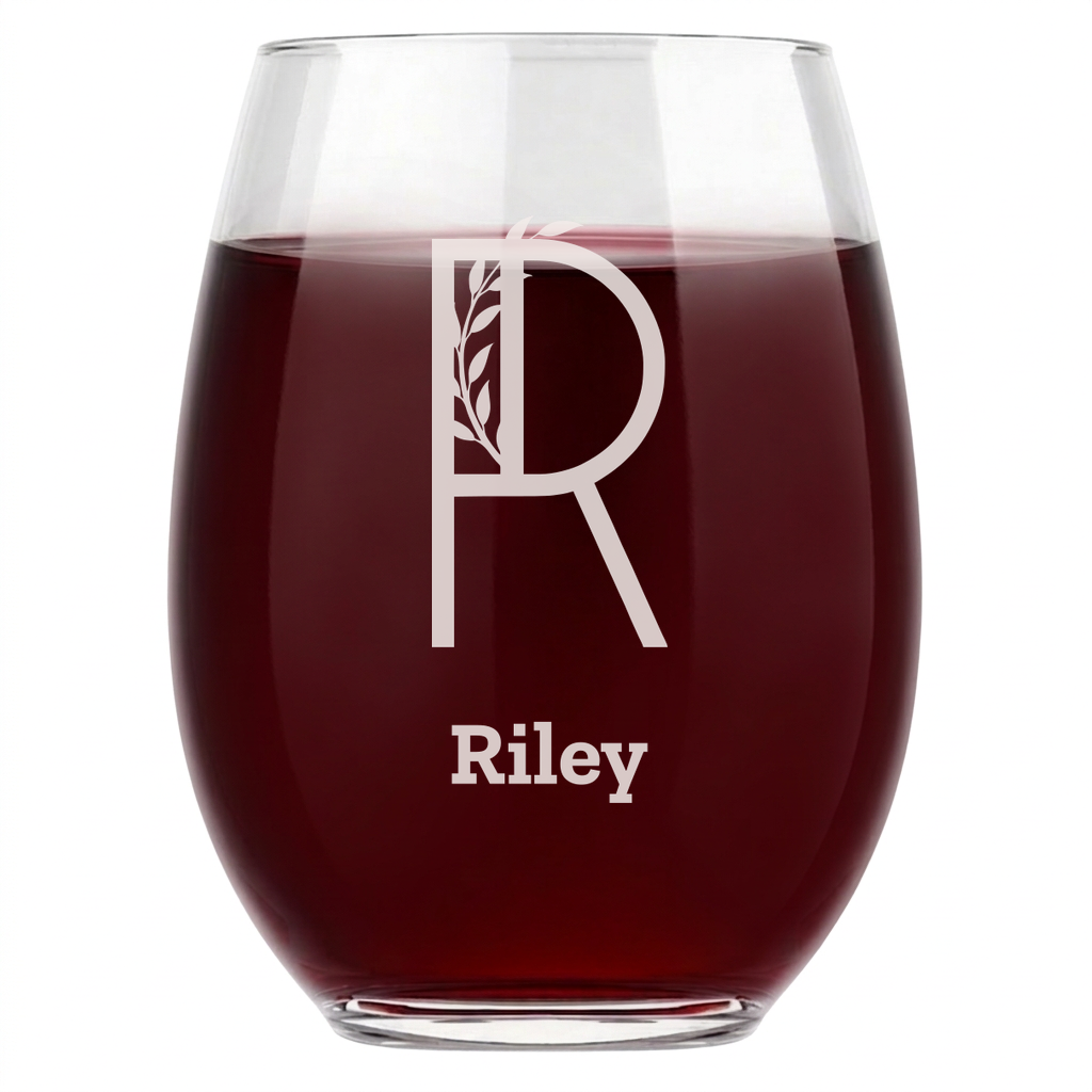 Personalized 1 Letter Floral Themed Monogram Wine Glass Custom Engraved 15 oz Stemless Wine Glass