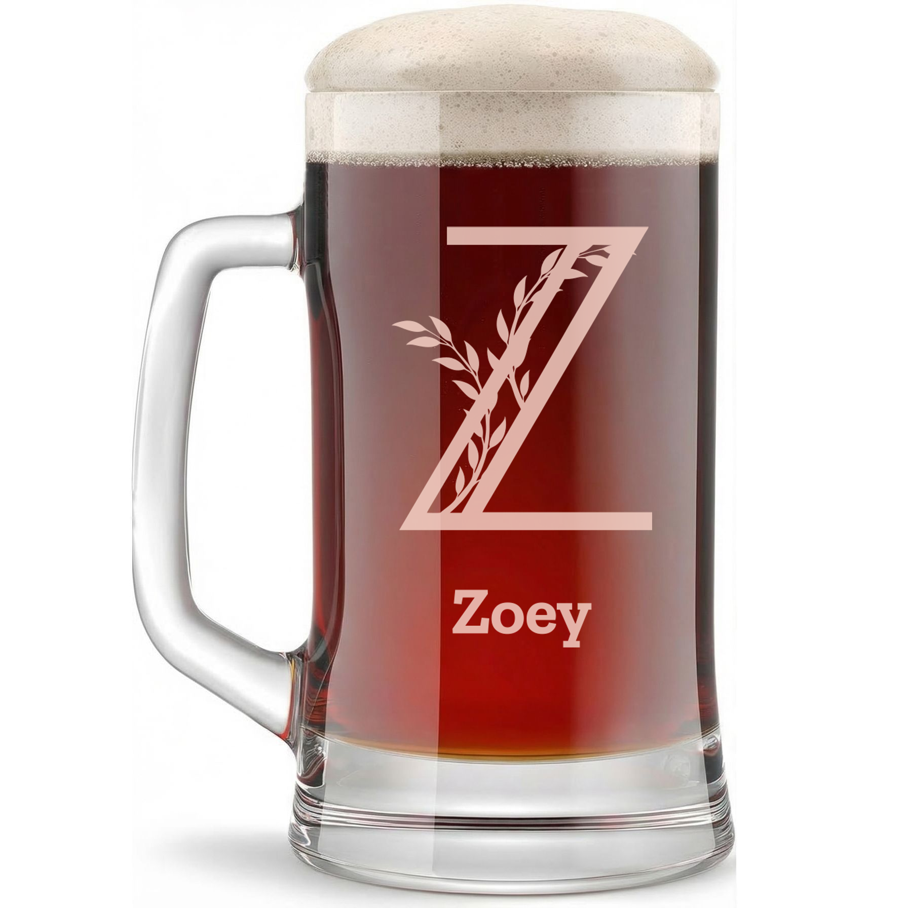 Personalized 1 Letter Floral Themed Monogram Beer Mug Custom Engraved 16 oz Glass Beer Mug