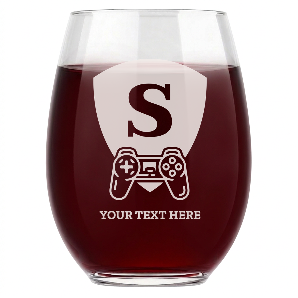 Personalized Gamer Themed Monogram Wine Glass Custom Engraved 15 oz Stemless Wine Glass