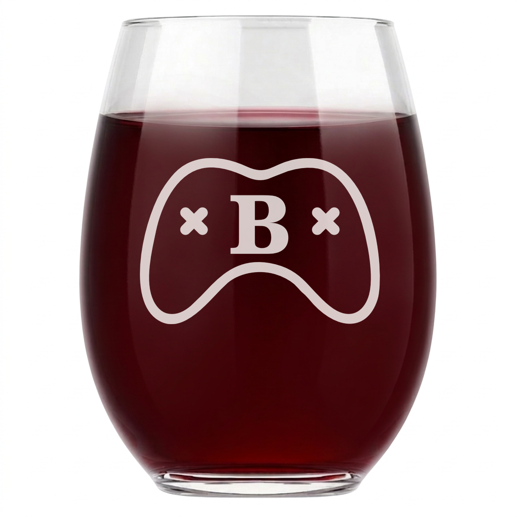 Personalized Gamer Monogram Wine Glass Custom Engraved 15 oz Stemless Wine Glass