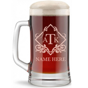 Personalized 3 Letter Monogram Beer Mug Custom Engraved 16 oz Glass Beer Mug