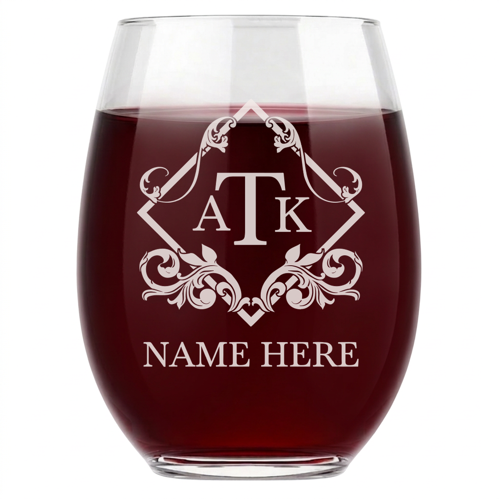 Personalized 3 Letter Monogram Wine Glass Custom Engraved 15 oz Stemless Wine Glass
