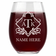 Personalized 3 Letter Monogram Wine Glass Custom Engraved 15 oz Stemless Wine Glass