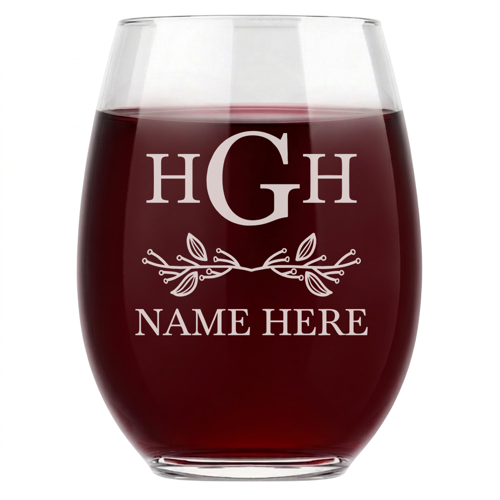 Personalized 3 Letter Monogram Wine Glass Custom Engraved 15 oz Stemless Wine Glass