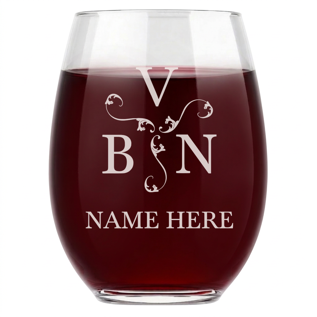 Personalized 3 Letter Monogram Wine Glass Custom Engraved 15 oz Stemless Wine Glass