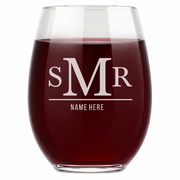 Personalized 3 Letter Monogram with Name Wine Glass Custom Engraved 15 oz Stemless Wine Glass