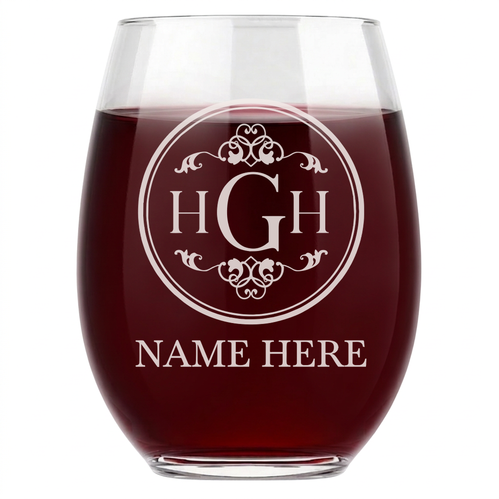Personalized 3 Letter Monogram with Name Wine Glass Custom Engraved 15 oz Stemless Wine Glass