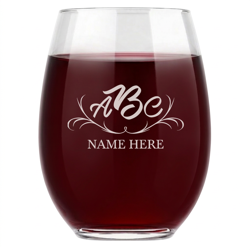 Personalized 3 Letter Monogram with Name Wine Glass Custom Engraved 15 oz Stemless Wine Glass