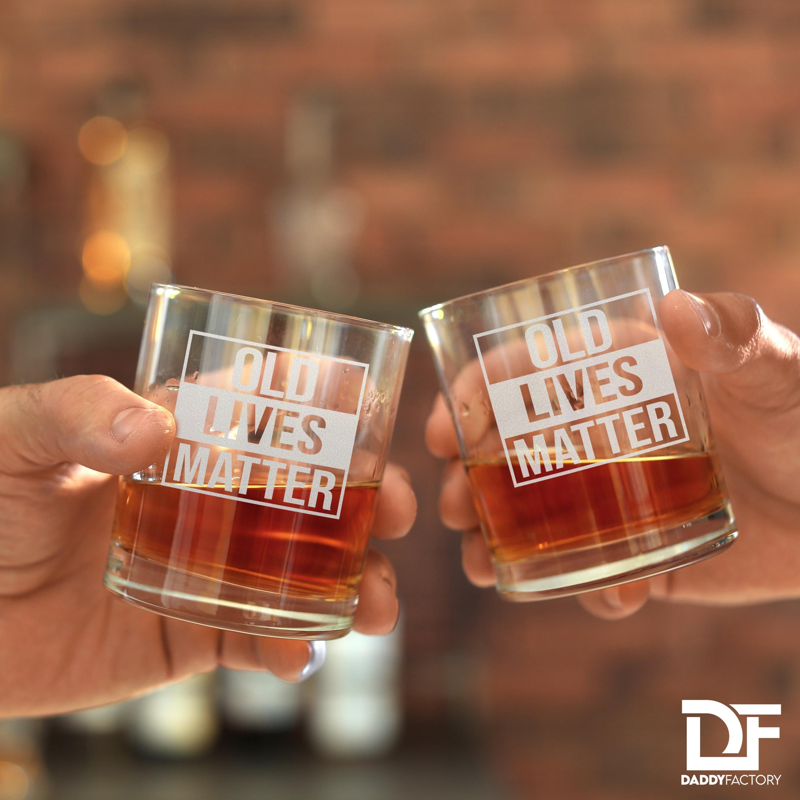 Gifts for Dad from son - Old Lives Matter - Laser Engraved Whisky Rocks Glass for him - thick sturdy 10.25 oz funny drinkware