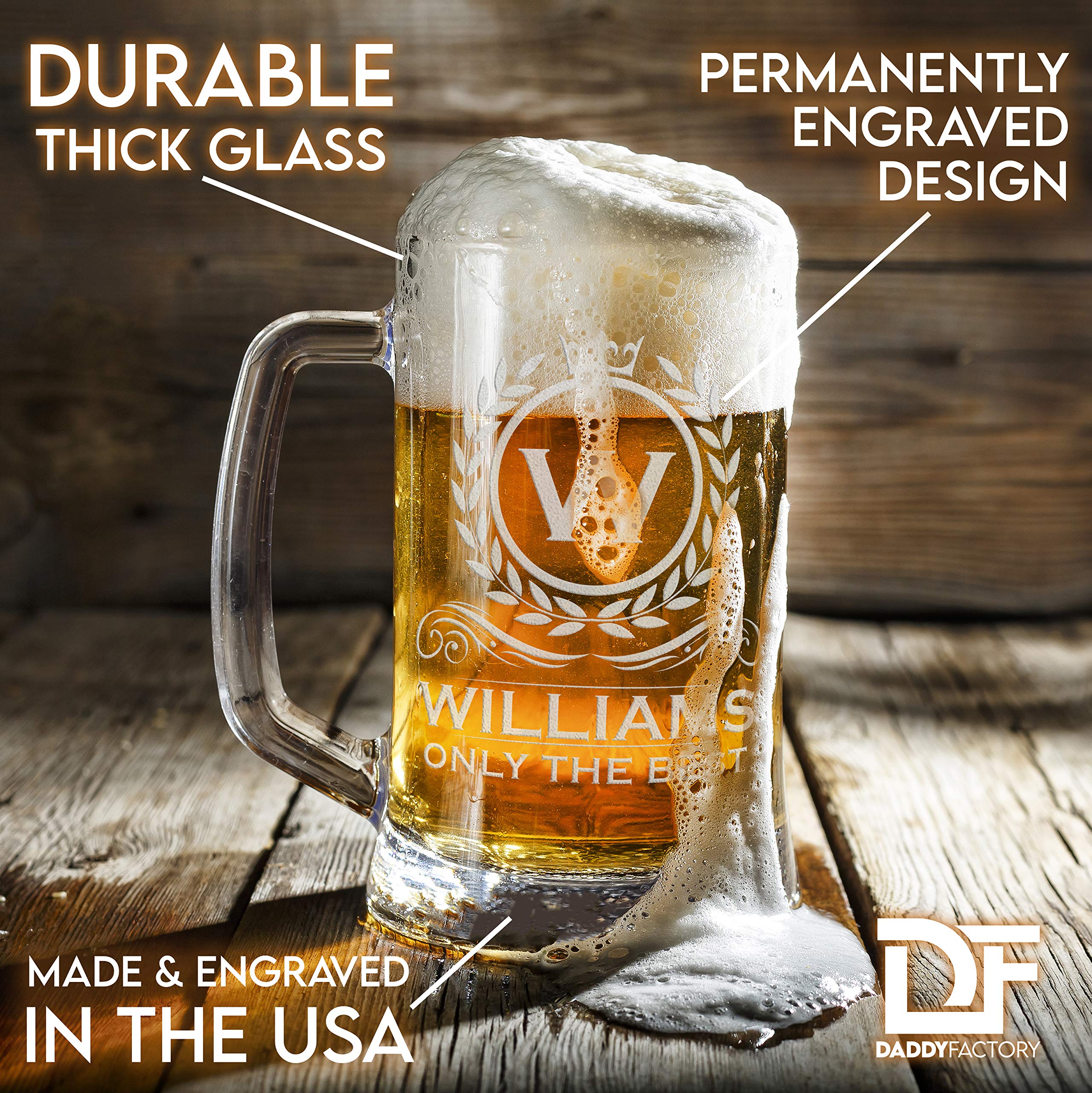 DADDY FACTORY Personalized Custom Beer Mug Glass Cup, Engraved Etched Monogram 16 oz Classic Brew Mug Gift for Dad Drinker