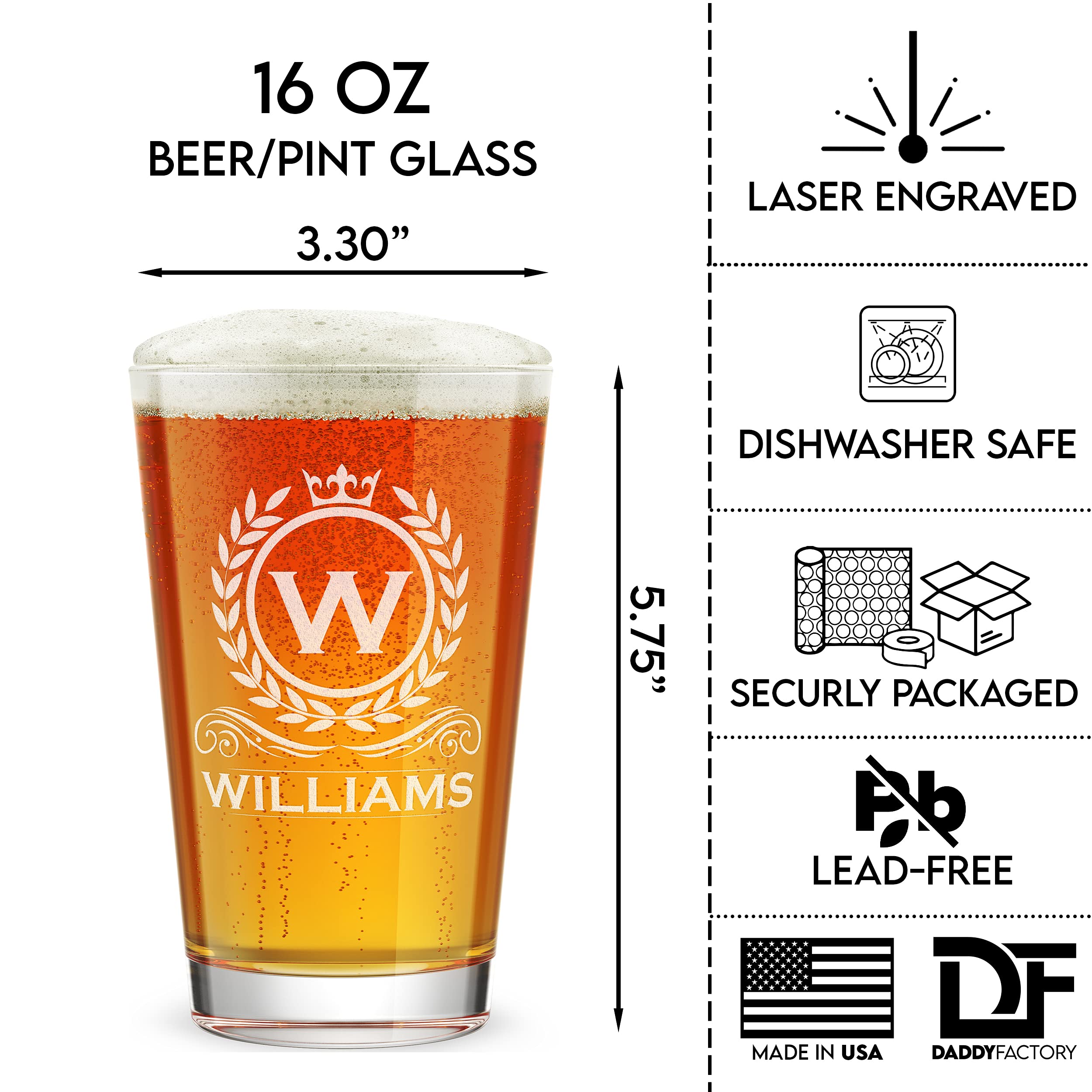 DADDY FACTORY THE Personalized Pint Glass Gift, Engraved Monogram Pint Glass, 16 oz Custom Gift For Men - Cool Gifts for Dad, Wedding Groomsman or Best Man